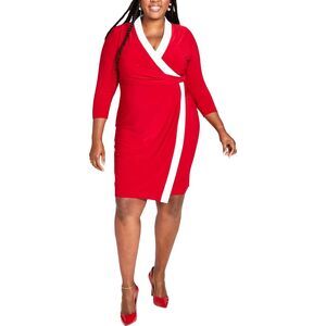 Kasper Women's Plus Size Surplice V-Neck Long-Sleeve Dress (Crimson/Cream, 2X)